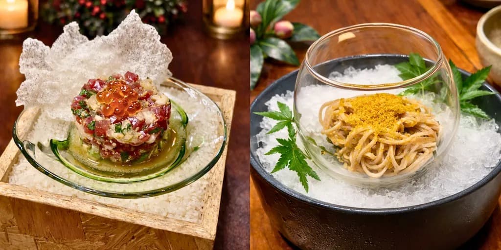 いくらを添えた海鮮料理と氷上の冷製麺