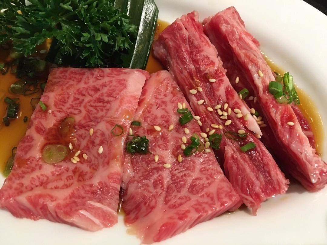 霜降り牛肉と赤身肉をタレと薬味で盛り付けた焼肉用の肉皿