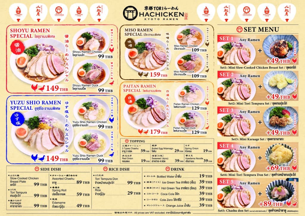Hachicken Ramenのメニュー表