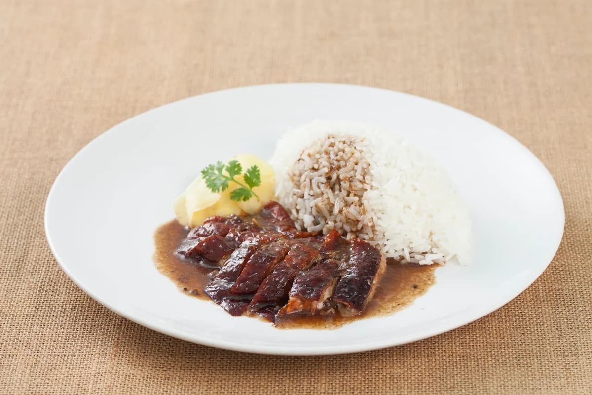 白いお皿に盛られたご飯と、甘辛いタレがかかったローストダックの切り身。