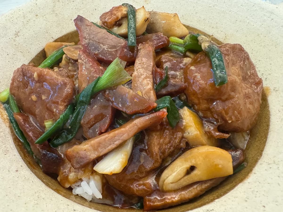 土鍋に入ったご飯の上に、チャーシュー、厚揚げ、ネギなどが甘辛いタレで炒め合わされて乗っている料理のアップ。