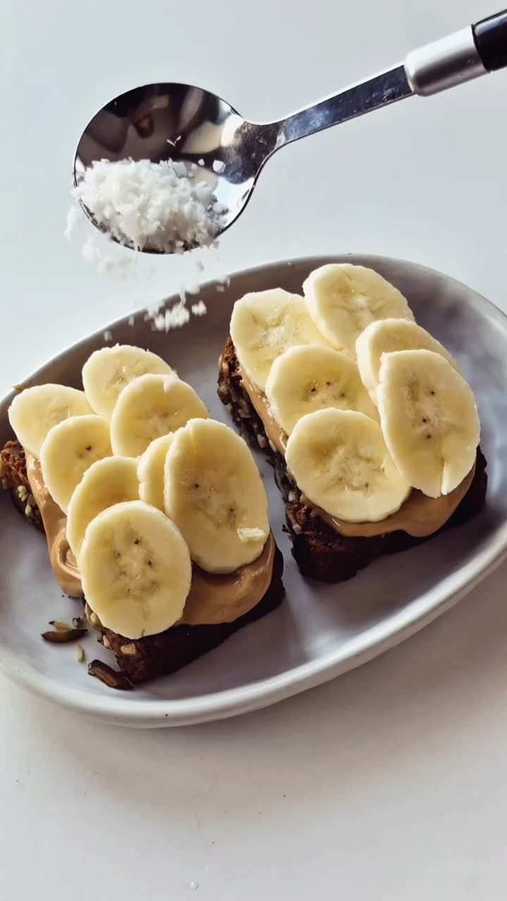 バナナとピーナッツバターをのせたヴィーガントースト