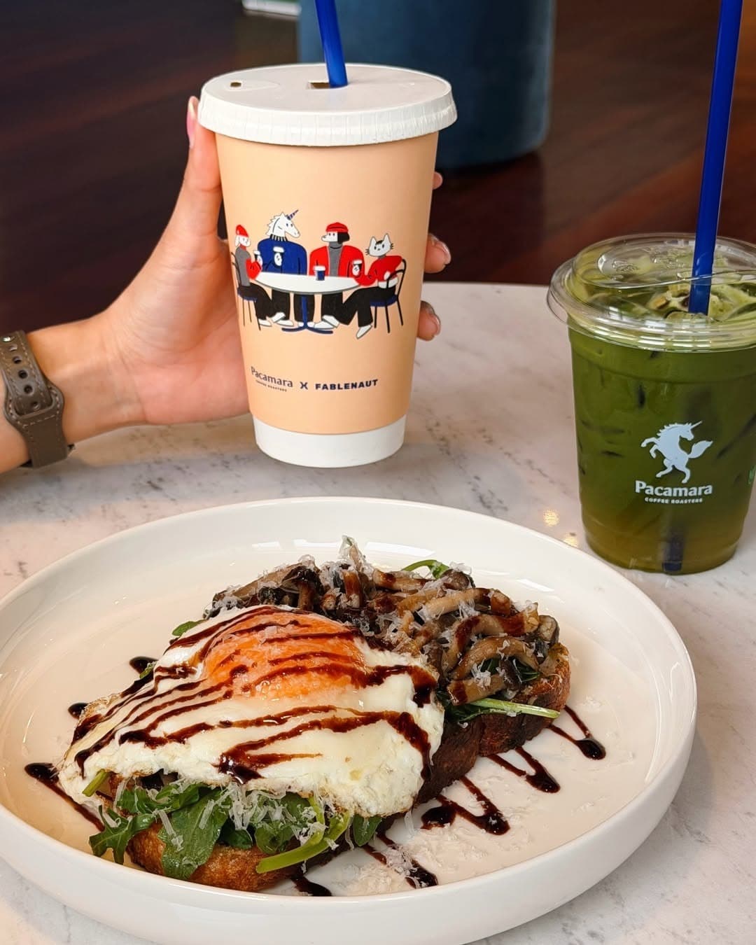 Pacamaraのブランチプレートとコーヒー、抹茶ドリンク
