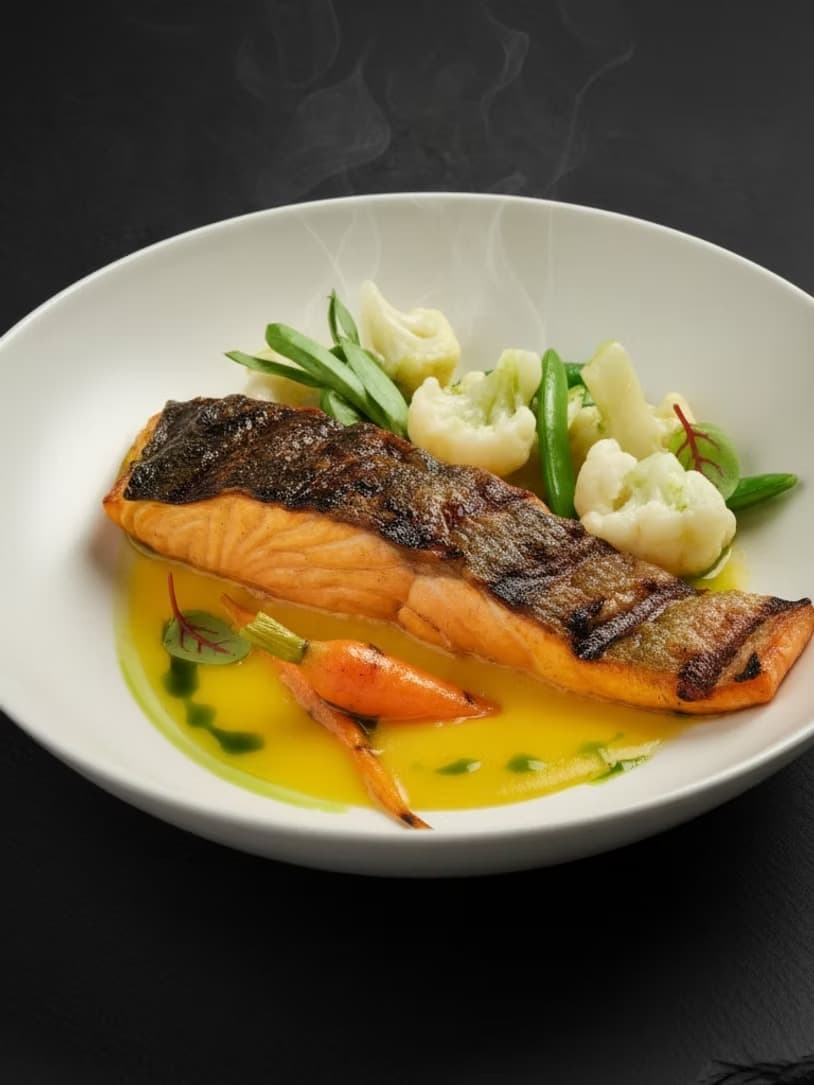 D'ARK The Strandのグリルサーモンとカリフラワー、インゲンを添えた魚料理